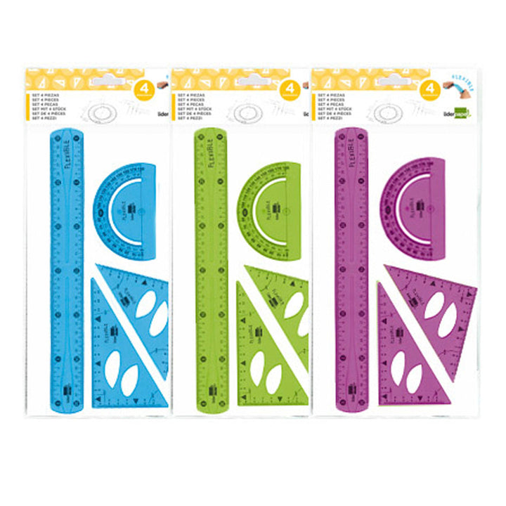 LIDERPAPEL - Juego Escuadra, Cartabón, Regla y Semicírculo Plástico Flexible Colores Surtidos
