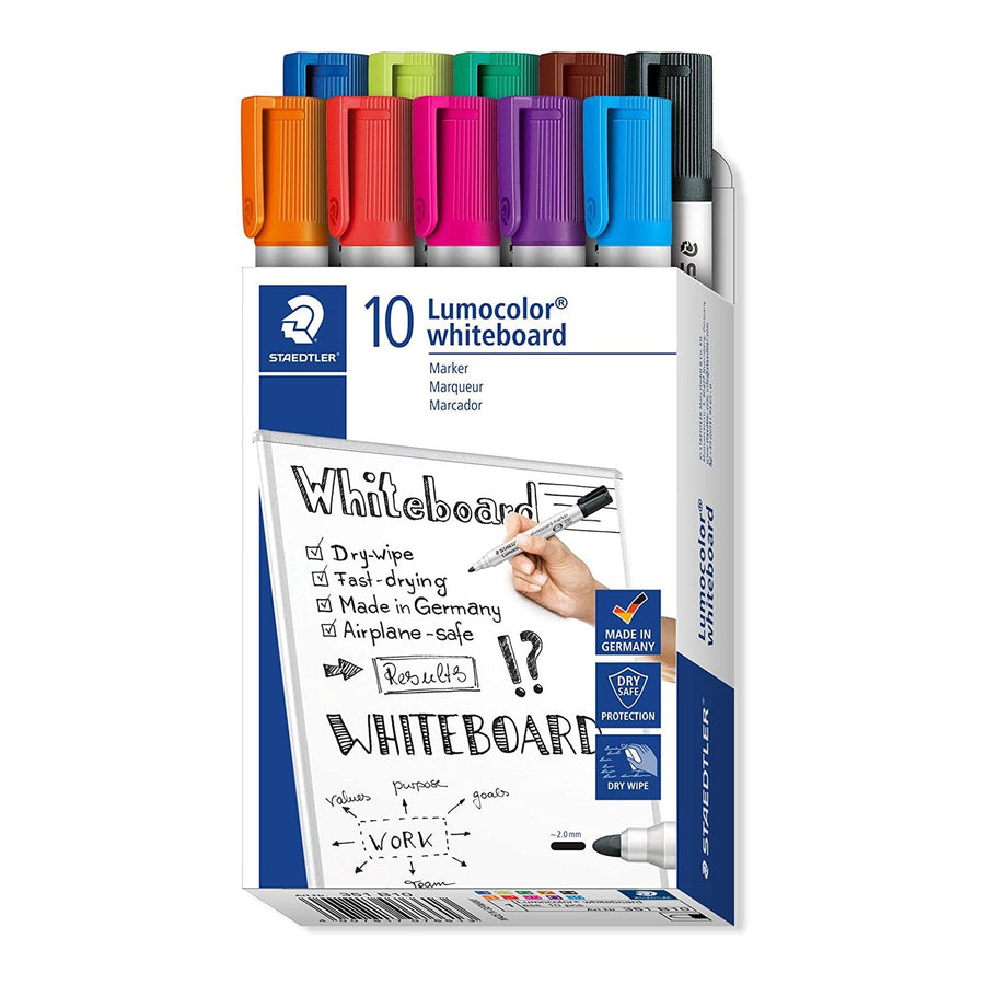 STAEDTLER Lumocolor - Set 10 Rotuladores Marcadores Pizarra Blanca Punta Redonda 2 mm. Colores Surtidos