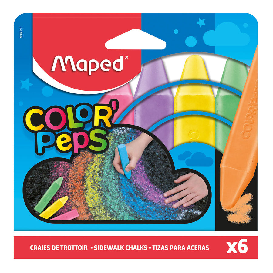 MAPED Color'Peps - Caja de 6 Tizas de Colores Súper Gruesas. Especial para Aceras