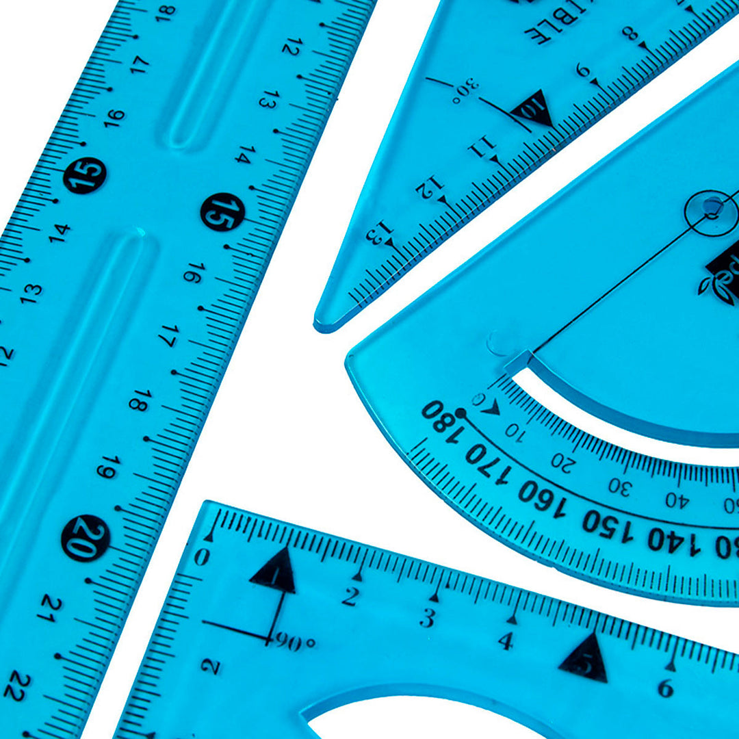 LIDERPAPEL - Juego Escuadra, Cartabón, Regla y Semicírculo Plástico Flexible Colores Surtidos