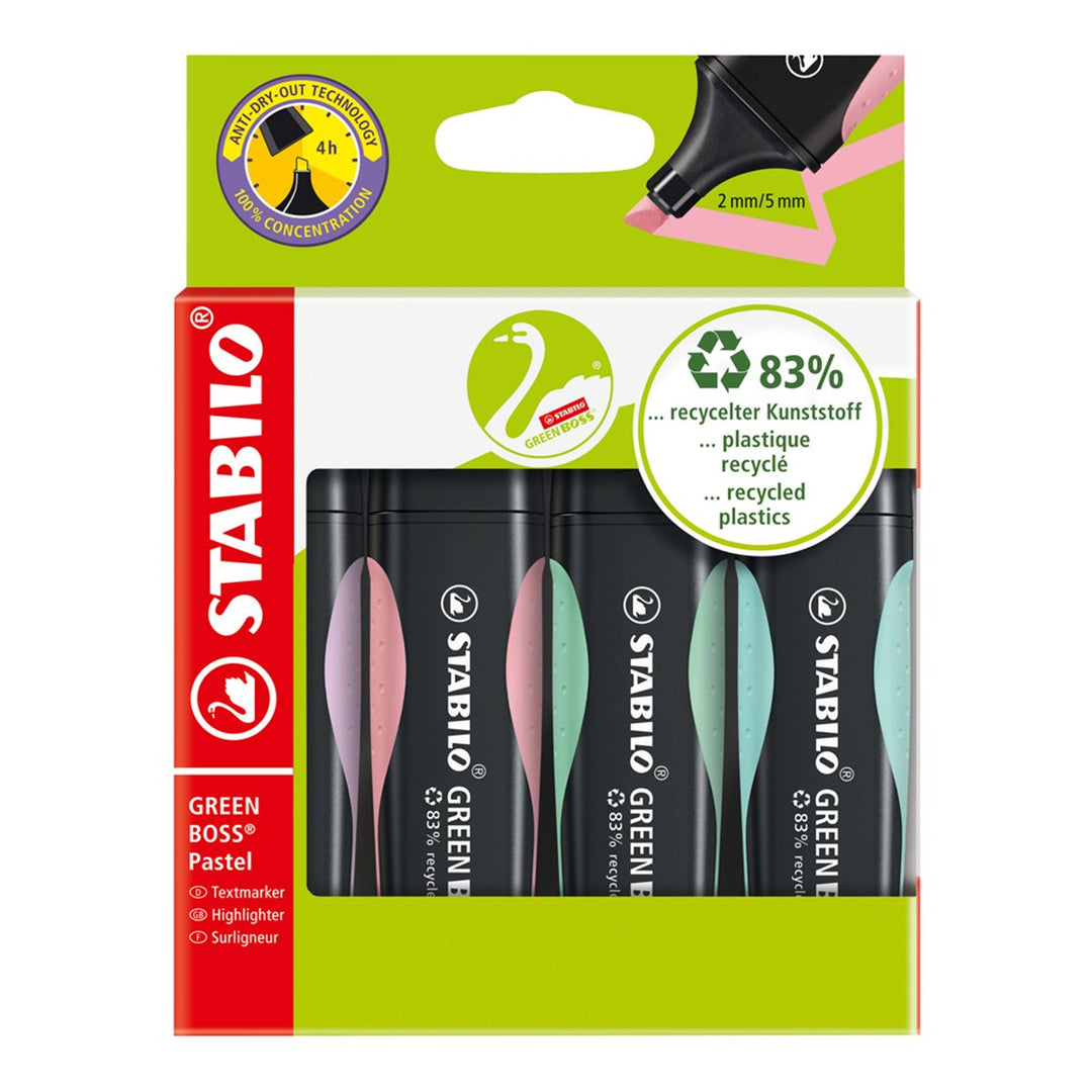 STABILO 6070/4-2 - Estuche de 4 Marcadores Fluorescentes Ecológicos GREEN BOSS Pastel