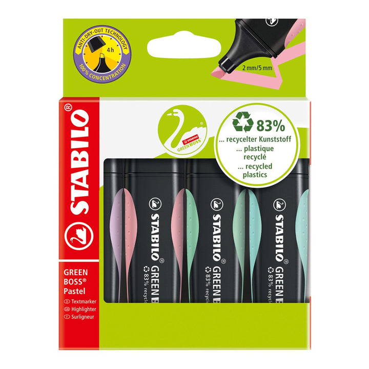 STABILO 6070/4-2 - Estuche de 4 Marcadores Fluorescentes Ecológicos GREEN BOSS Pastel