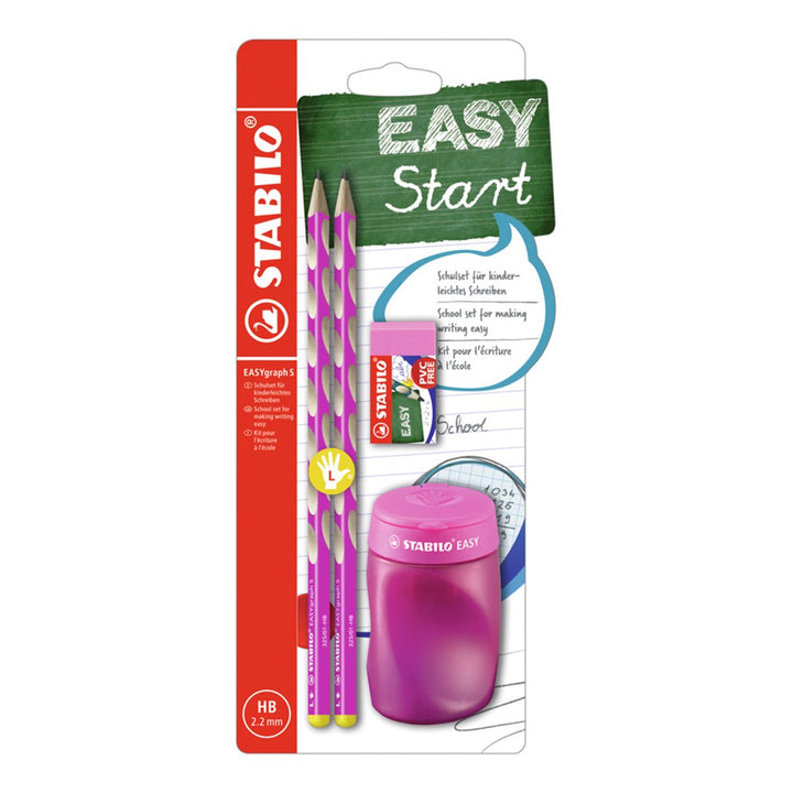 STABILO B-56677-3 - Set Escolar 2 Lápices de Grafito Ergonómicos EASYgraph con Goma y Sacapuntas, Zurdos