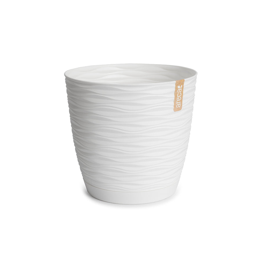 Areca Wind - Maceta Decorativa Redonda 13 cm con Plato Integrado. Blanco Roto