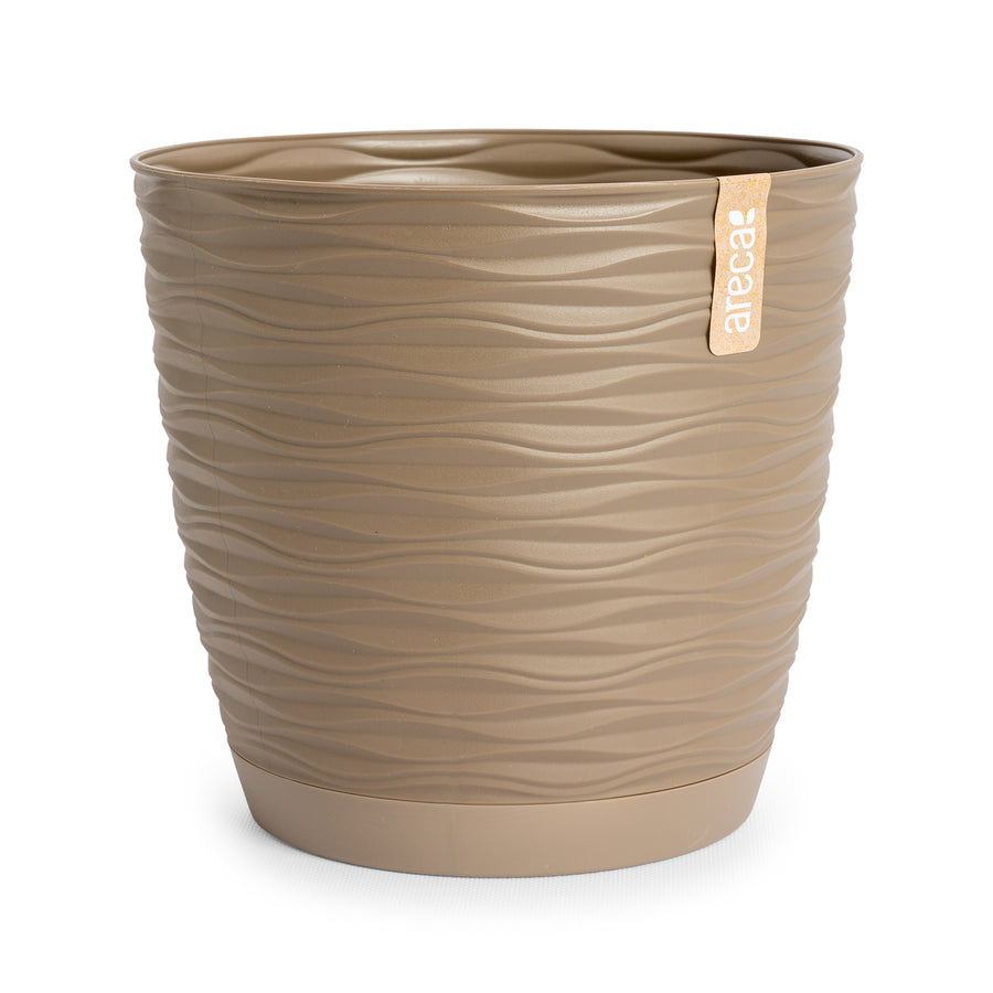 Areca Wind - Maceta Decorativa Redonda 23 cm con Plato Integrado. Taupe