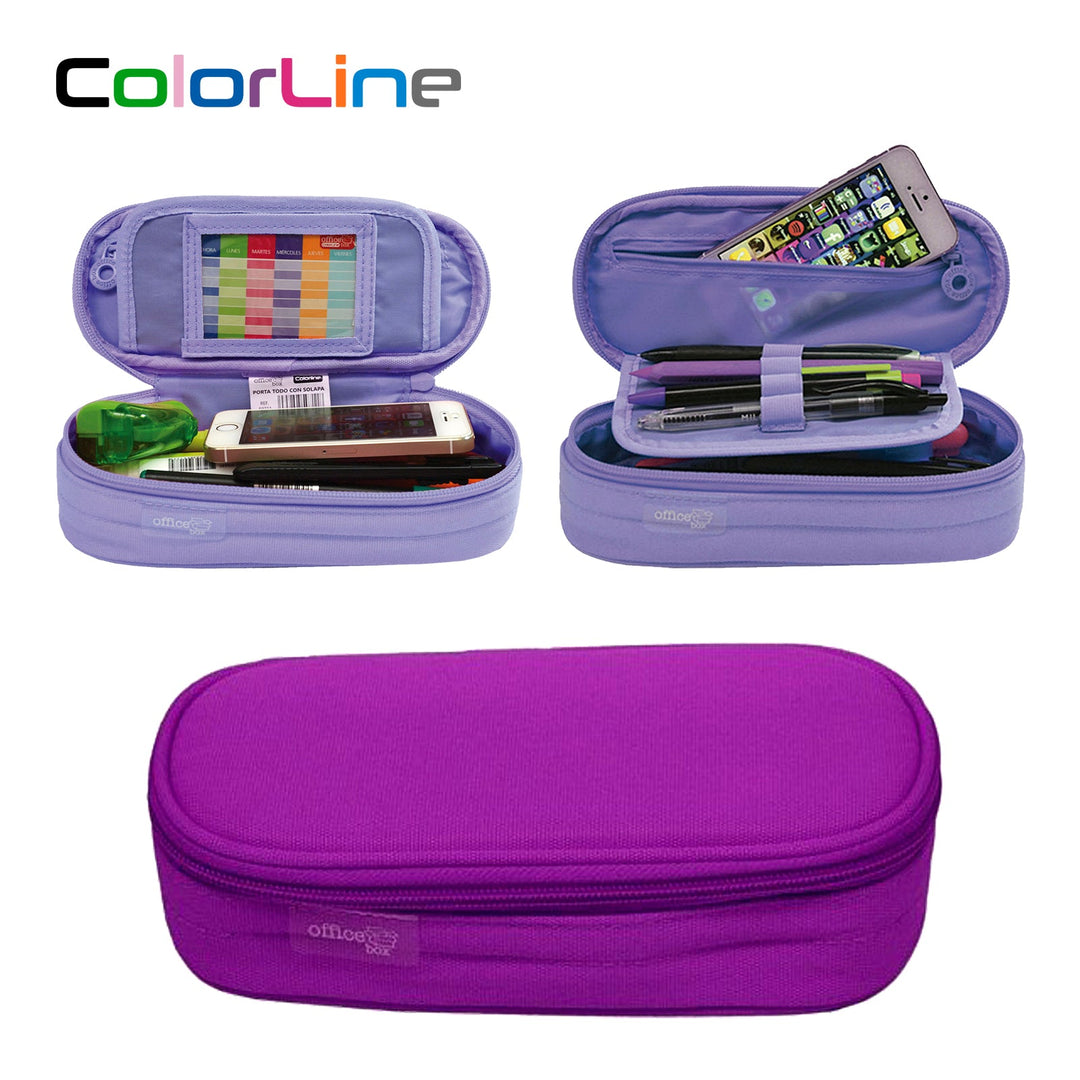 Mega - Estuche Portatodo Escolar Ovalado Multiuso con Solapa. Morado