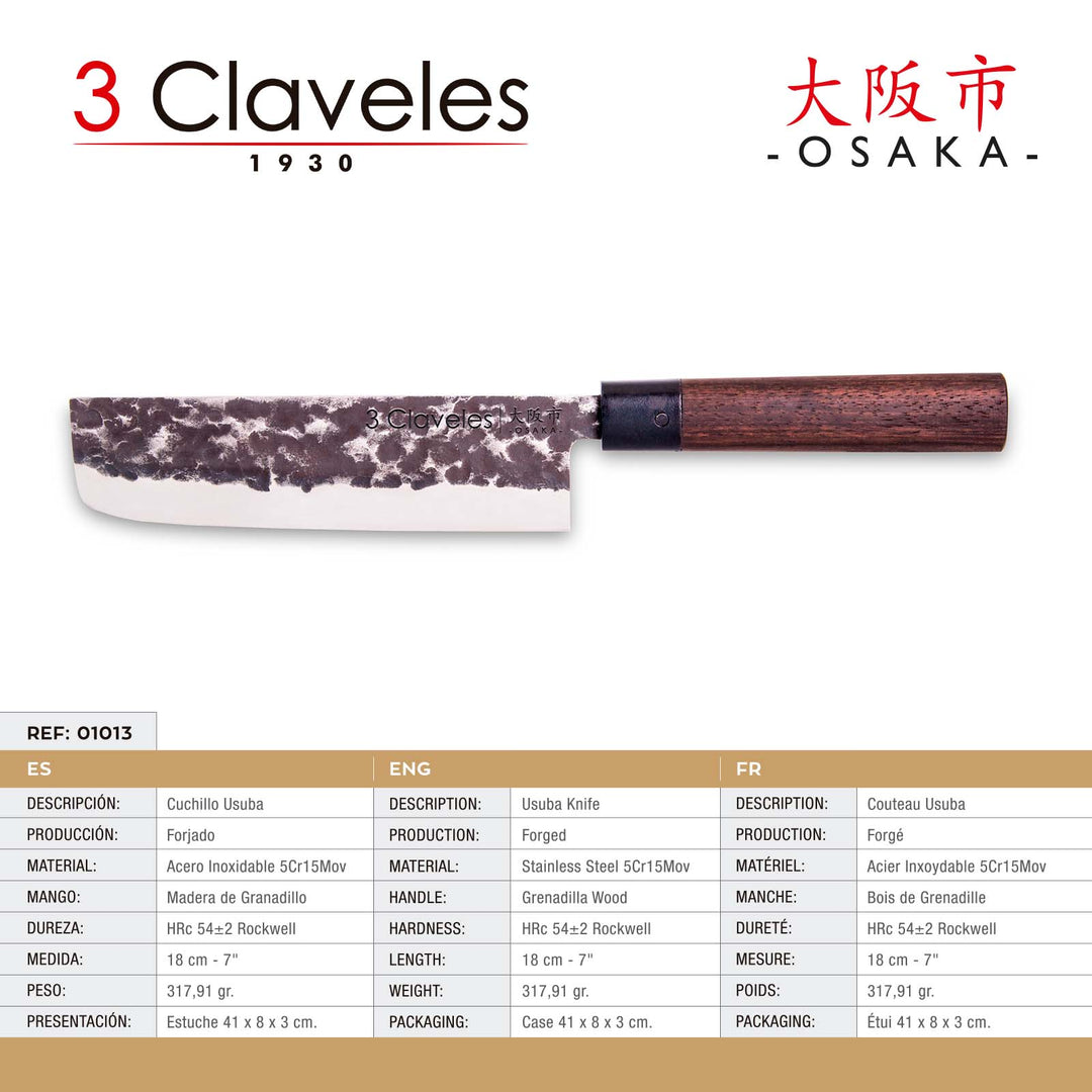 3 Claveles Osaka - Cuchillo Usuba 18 cm de Estilo Asiático Forjado a Mano