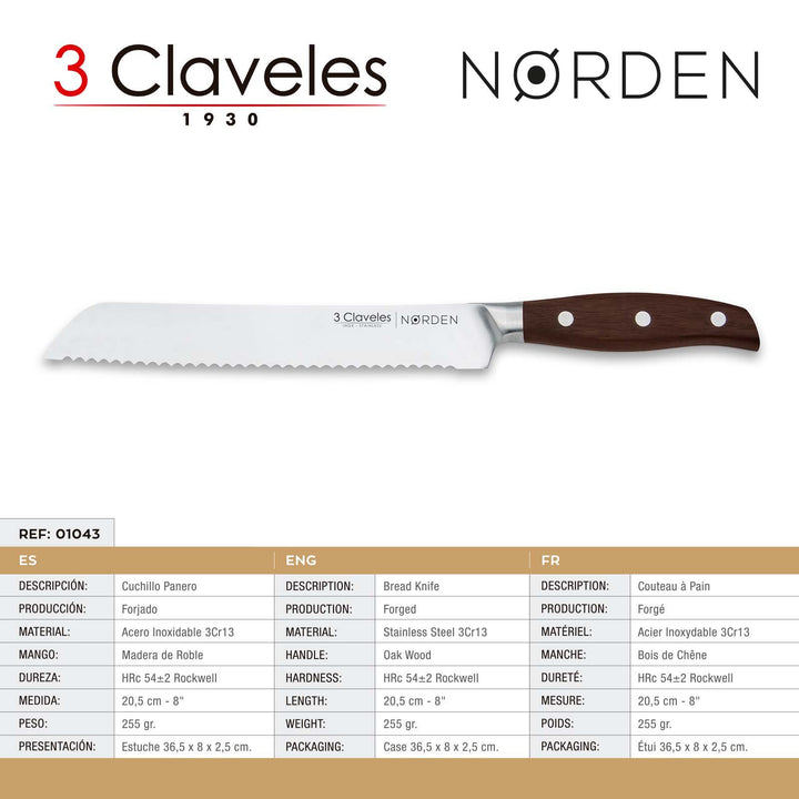 3 Claveles Norden - Cuchillo Panero Profesional 20.5 cm Acero Forjado y Mango de Roble