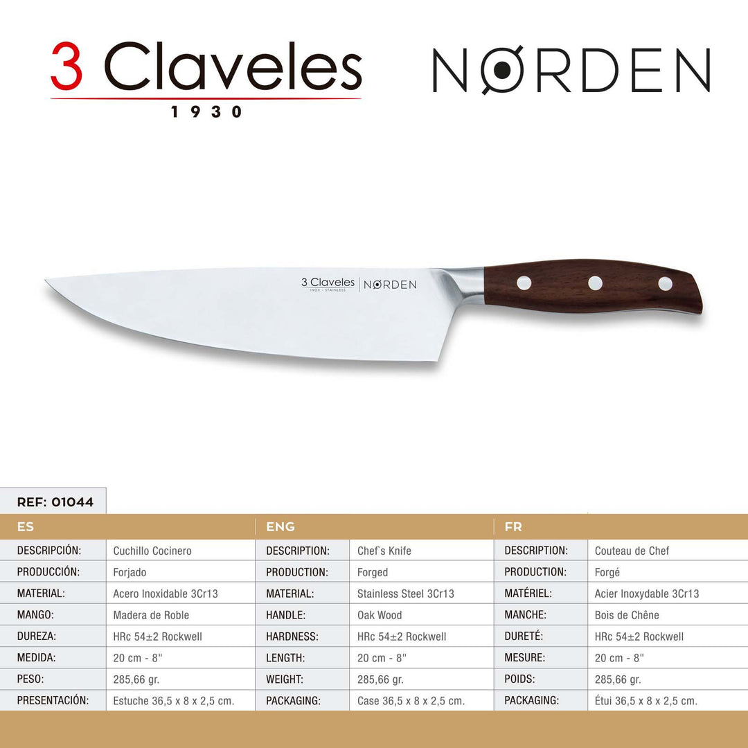 3 Claveles Norden - Cuchillo Cocinero Profesional 20 cm Acero Forjado y Mango de Roble