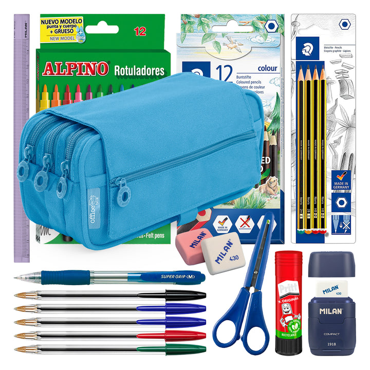 ColePack Pro - Estuche Triple de 3 Cremalleras con Material Escolar Incluido. Azul Claro