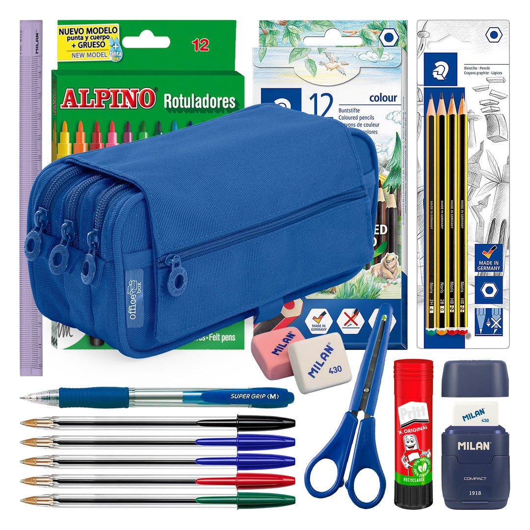 ColePack Pro - Estuche Triple de 3 Cremalleras con Material Escolar Incluido. Azul Oscuro