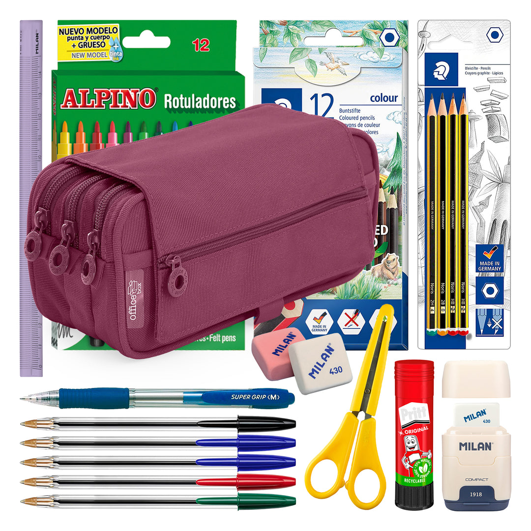 ColePack Pro - Estuche Triple de 3 Cremalleras con Material Escolar Incluido. Morado