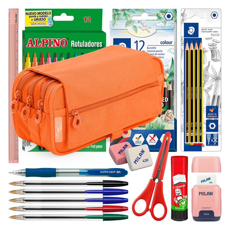 ColePack Pro - Estuche Triple de 3 Cremalleras con Material Escolar Incluido. Naranja