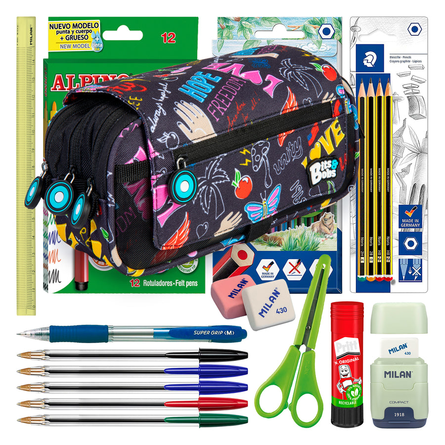 ColePack Design - Estuche Triple de 3 Cremalleras con Material Escolar Incluido. WOW