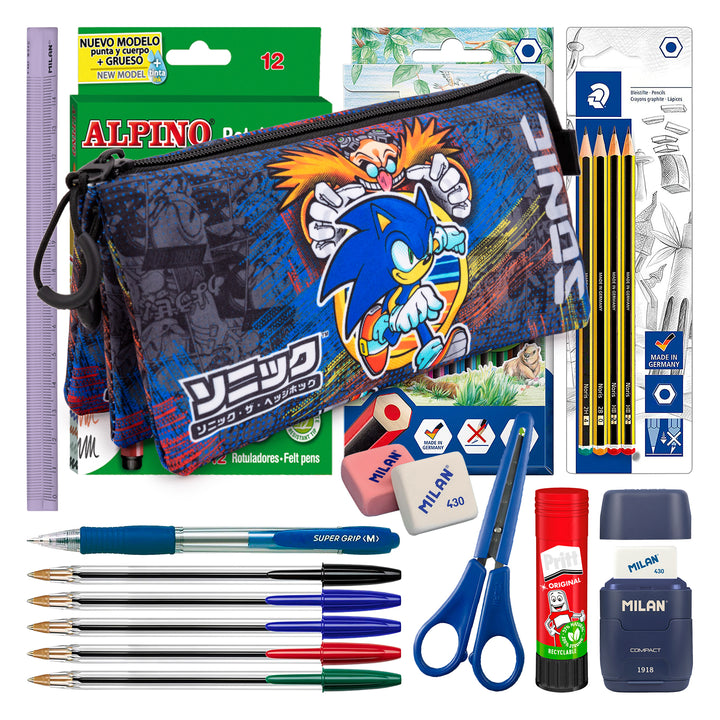 ColePack Sonic - Estuche Triple de 2 Cremalleras con Material Escolar. Checkpoint