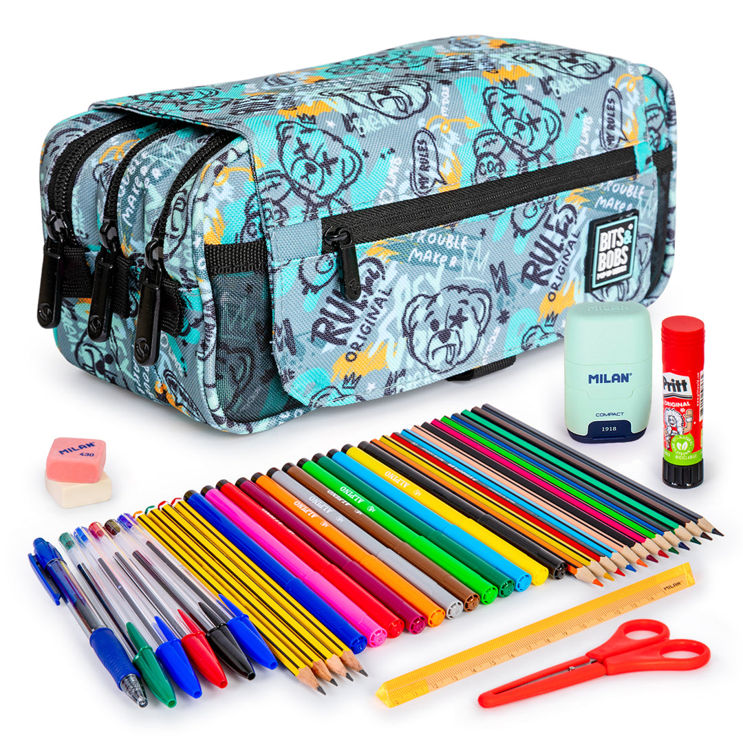 ColePack Design - Estuche Triple de 3 Cremalleras con Material Escolar Incluido. Bear