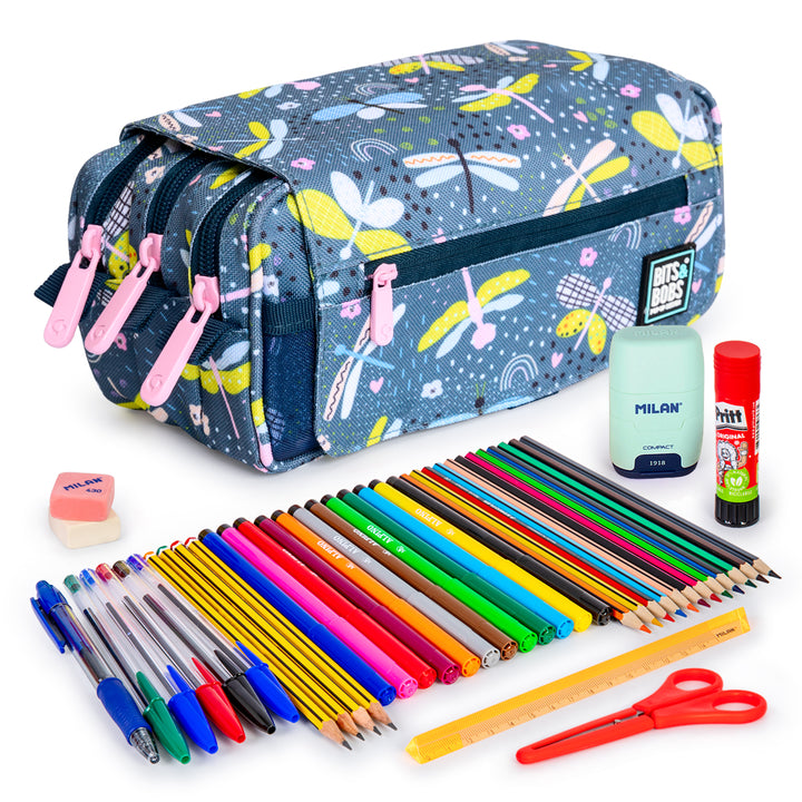 ColePack Design - Estuche Triple de 3 Cremalleras con Material Escolar Incluido. Dragon Fly
