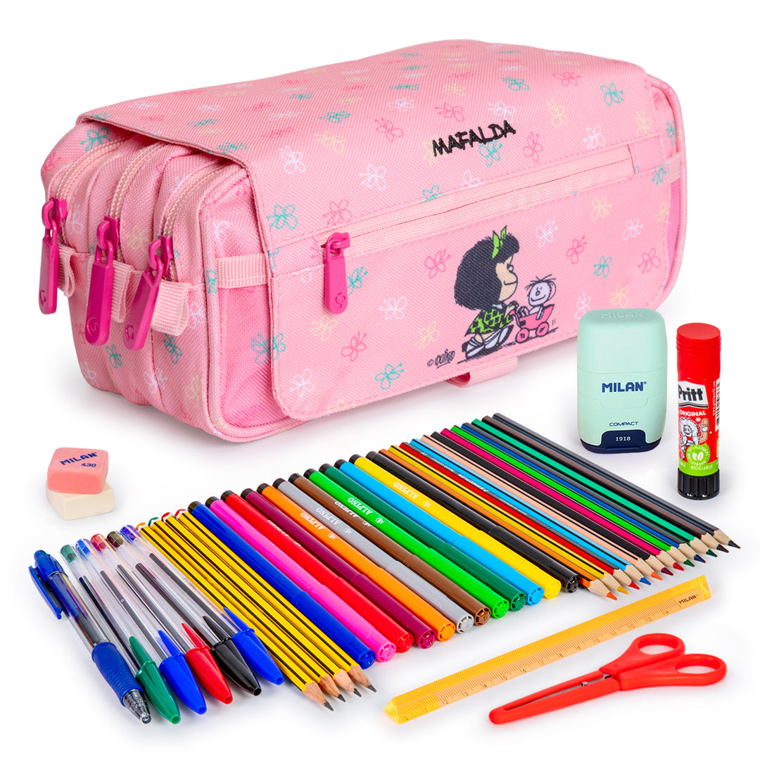 ColePack Design - Estuche Triple de 3 Cremalleras con Material Escolar Incluido. Mafalda Baby Cart