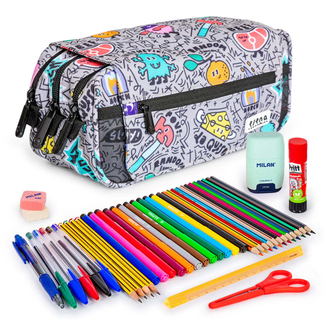 ColePack Design - Estuche Triple de 3 Cremalleras con Material Escolar Incluido. EC Random