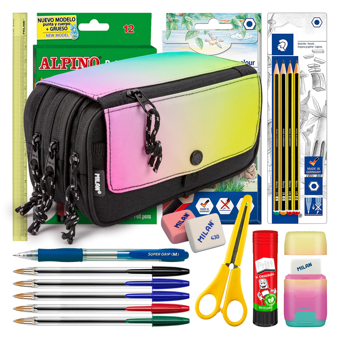 ColePack Milan - Estuche Triple de 3 Cremalleras y Material Escolar Incluido. Sunset