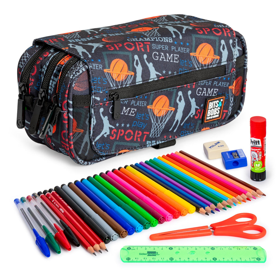 ColePack EcoDes - Estuche Triple de 3 Cremalleras con Material Escolar Incluido. Basket