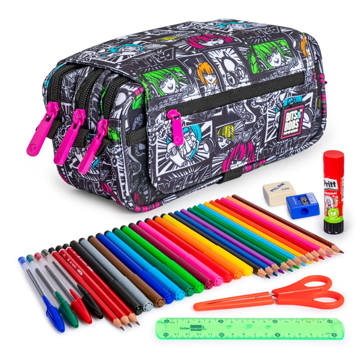 ColePack EcoDes - Estuche Triple de 3 Cremalleras con Material Escolar Incluido. Yuku