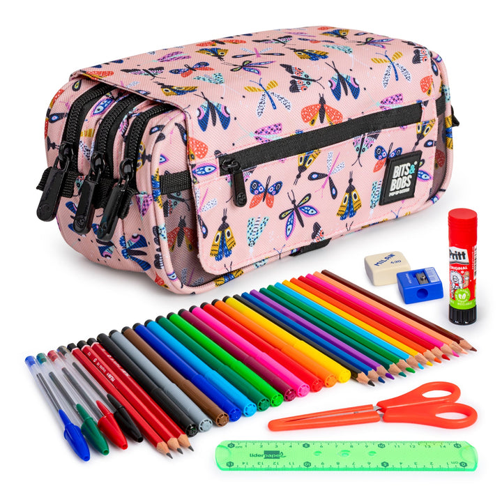 ColePack EcoDes - Estuche Triple de 3 Cremalleras con Material Escolar Incluido. Butterfly