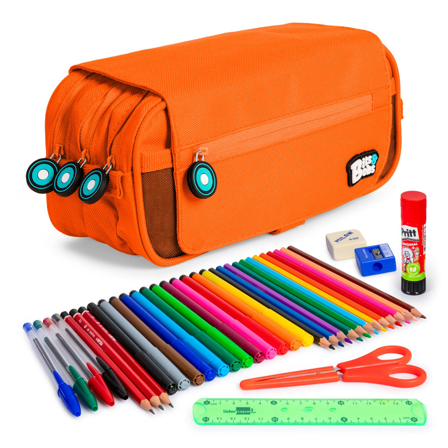 ColePack EcoBB - Estuche Triple de 3 Cremalleras con Material Escolar Incluido. Naranja