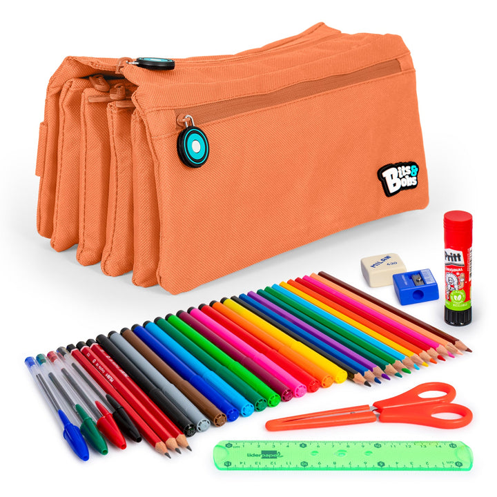 ColePack Eco36 - Estuche Cuadruple de 4 Cremalleras con Material Escolar Incluido. Coral