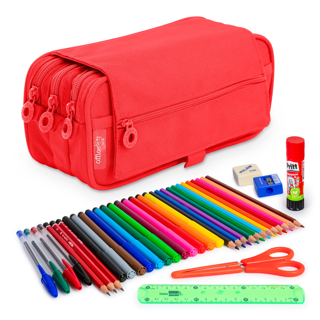 ColePack Eco - Estuche Triple de 3 Cremalleras con Material Escolar Incluido. Rojo Coral