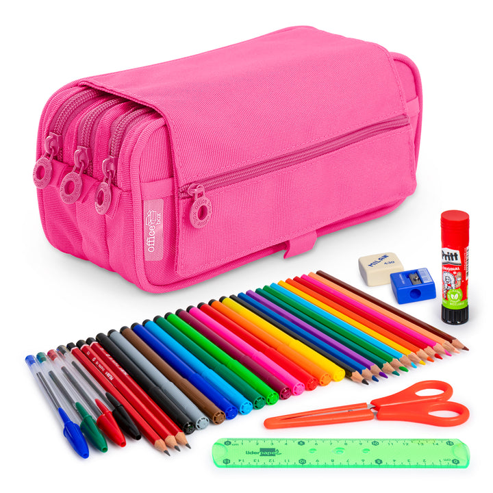 ColePack Eco - Estuche Triple de 3 Cremalleras con Material Escolar Incluido. Fuscia