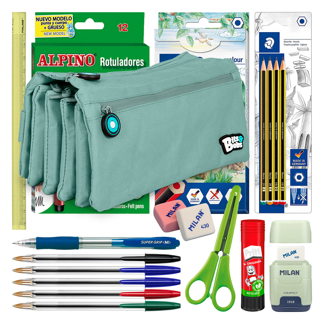 ColePack BitsBobs - Estuche Escolar Cuádruple de 4 Cremalleras y Material Incluido. Azul Soft