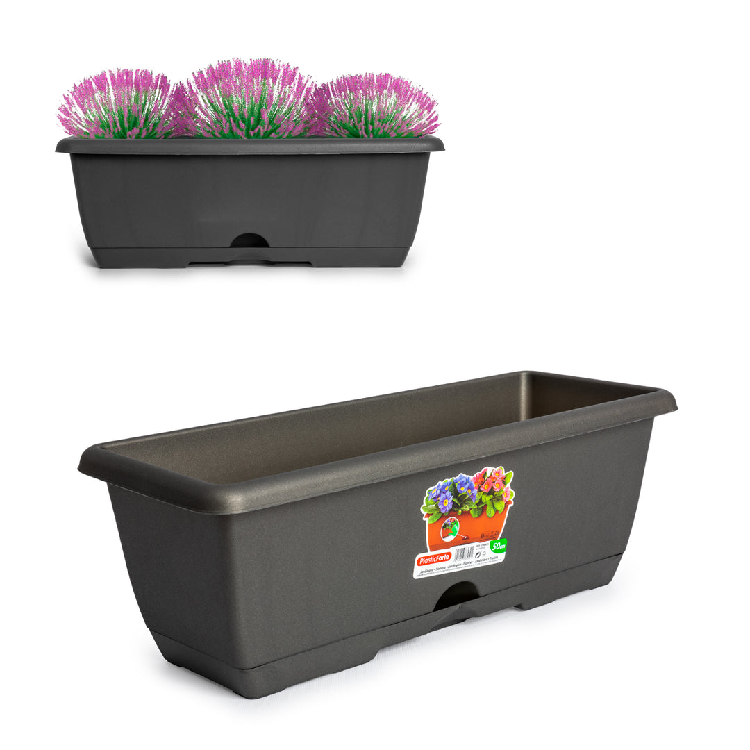 Plastic Forte - Jardinera Rectangular 50 cm con Plato Integrado. Antracita