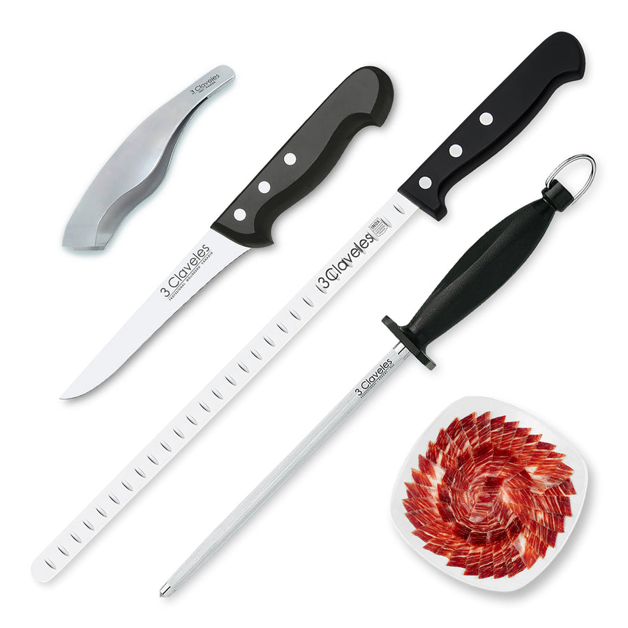 3 Claveles POM - Kit Profesional de Cuchillo Jamonero Deshuesador Chaira y Pinzas