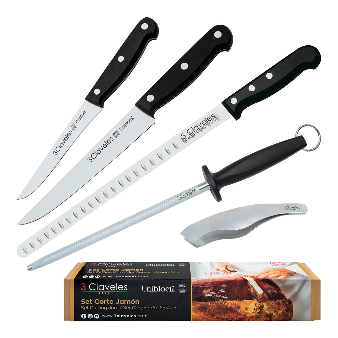 3 Claveles Uniblock - Kit Profesional de Cuchillo Jamonero Deshuesadores Chaira y Pinzas