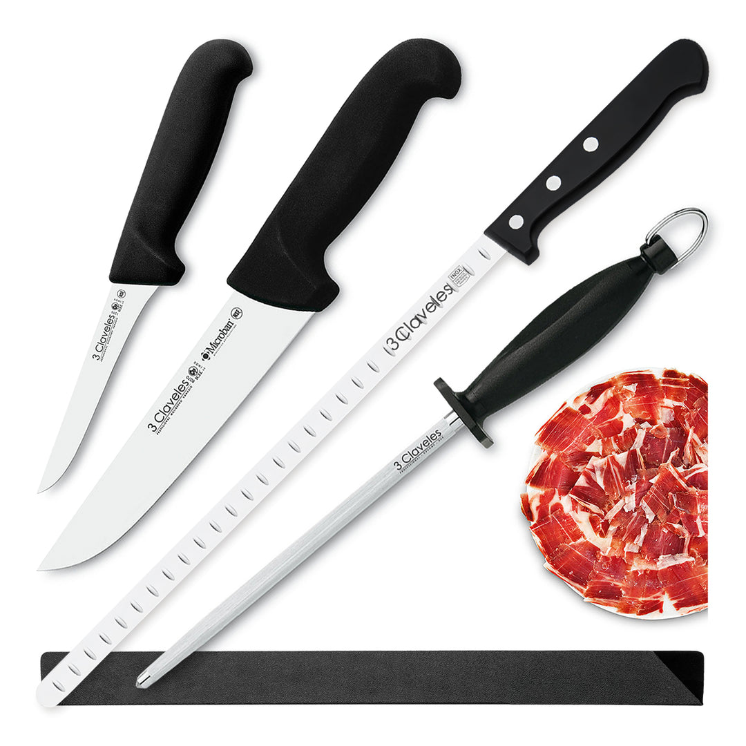 3 Claveles Gourmet - Kit Profesional de Cuchillo Jamonero Deshuesadores Chaira y Funda