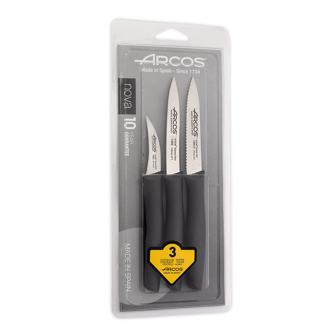 ARCOS Nova - Juego de 3 Cuchillos Mondadores en Acero Inoxidable NITRUM®. Negro