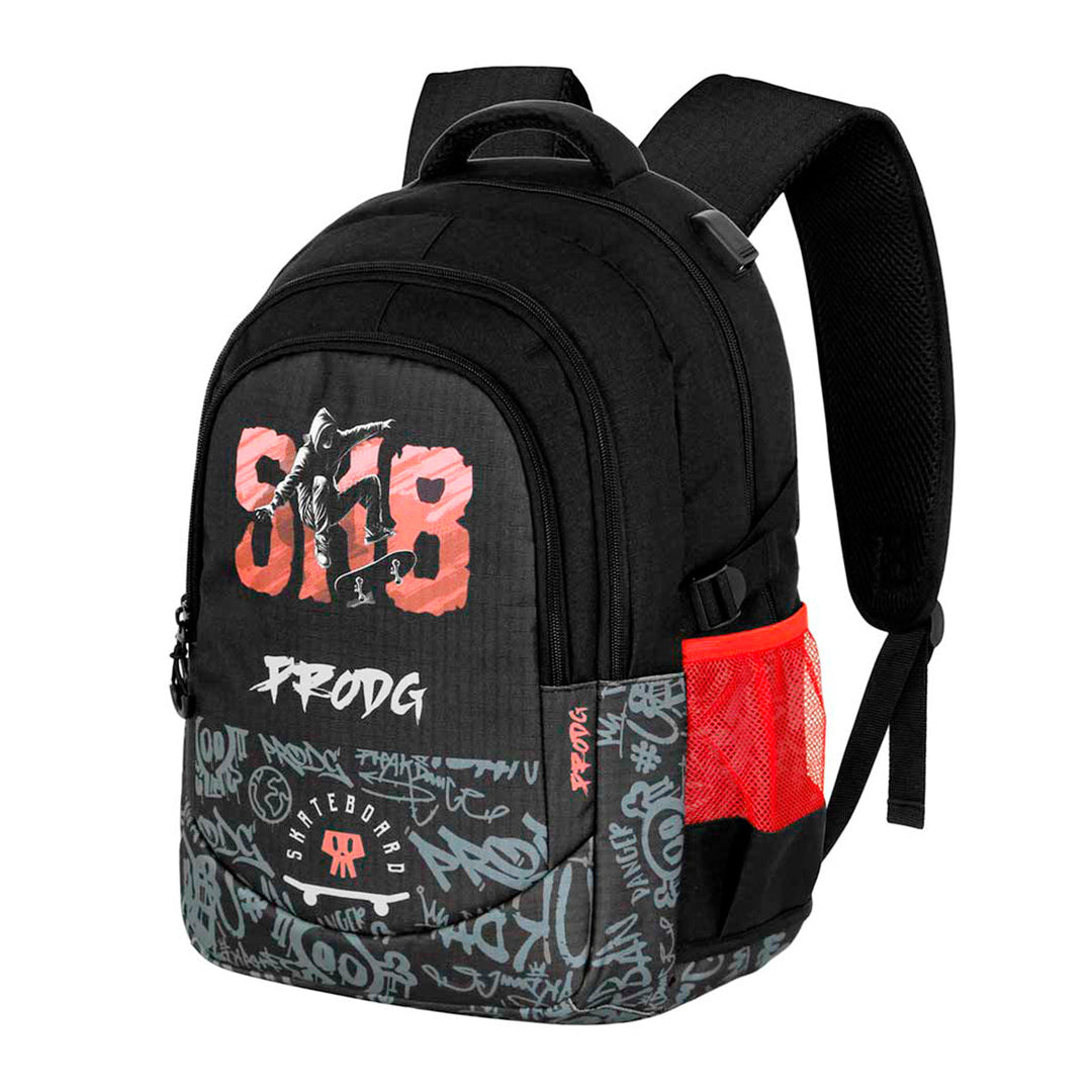 PRODG SK8 - Mochila Escolar Impermeable Running Plus para Portatil y USB. Negro