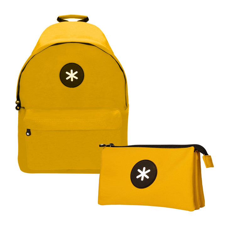 ANTARTIK - Conjunto Escolar con Mochila y Estuche Triple 2 Cremalleras. Mostaza