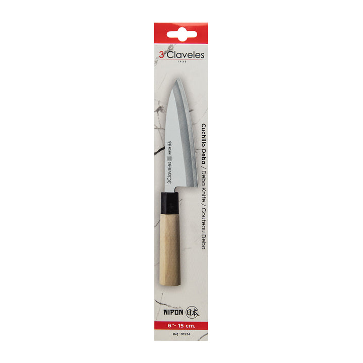 3 Claveles NIPON - Cuchillo Japones Deba 15 cm Acero Inoxidable y Mango Madera de Arce