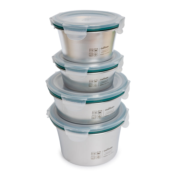 Cuitisan Simple - Lote de 4 Recipientes Redondos de 0.3L, 0.4L, 0.6L y 0.9L en Acero Apto Microondas