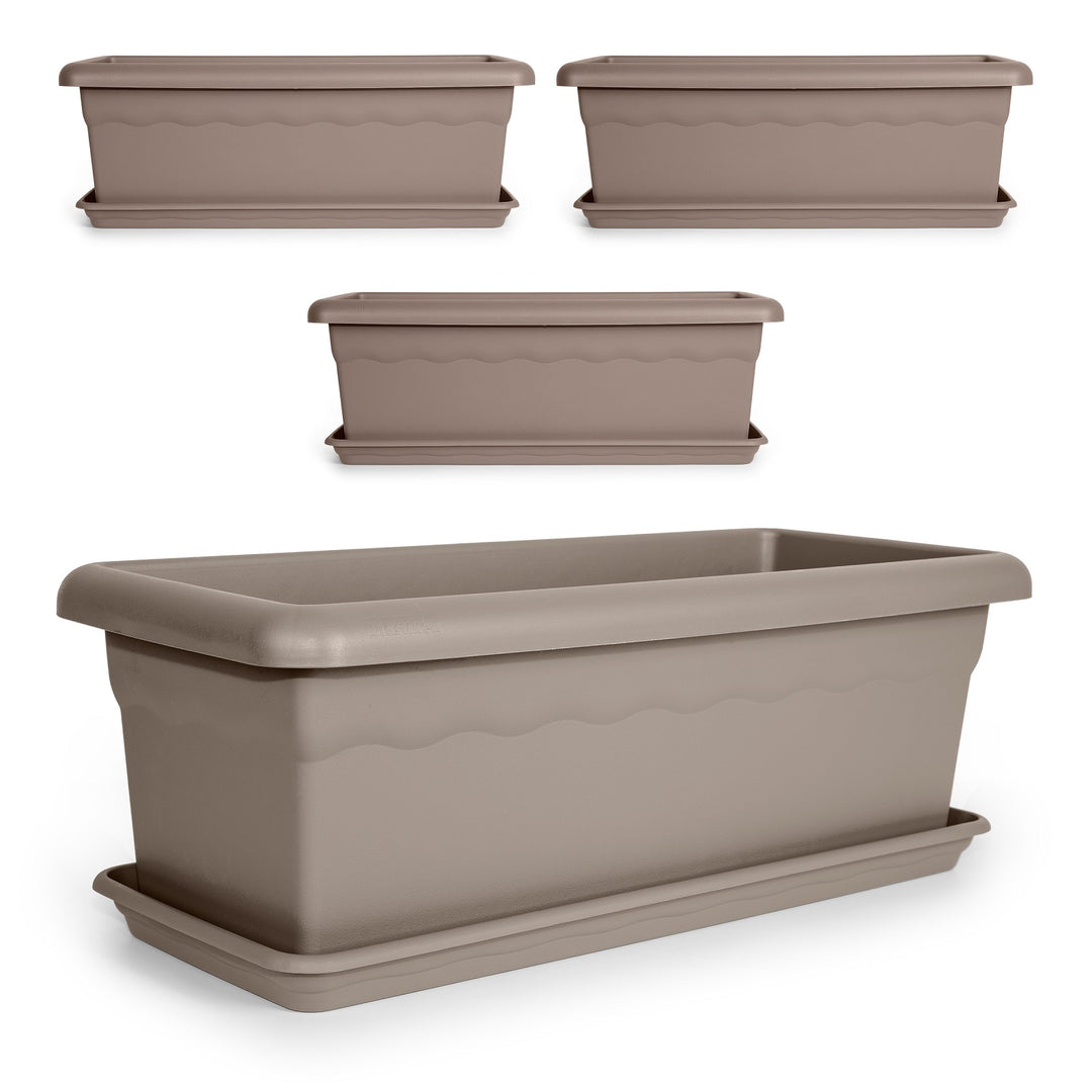 Plastiken TERRA - Set de 4 Jardineras con Platos Incluidos. Medida 60 cm 22L. Taupe