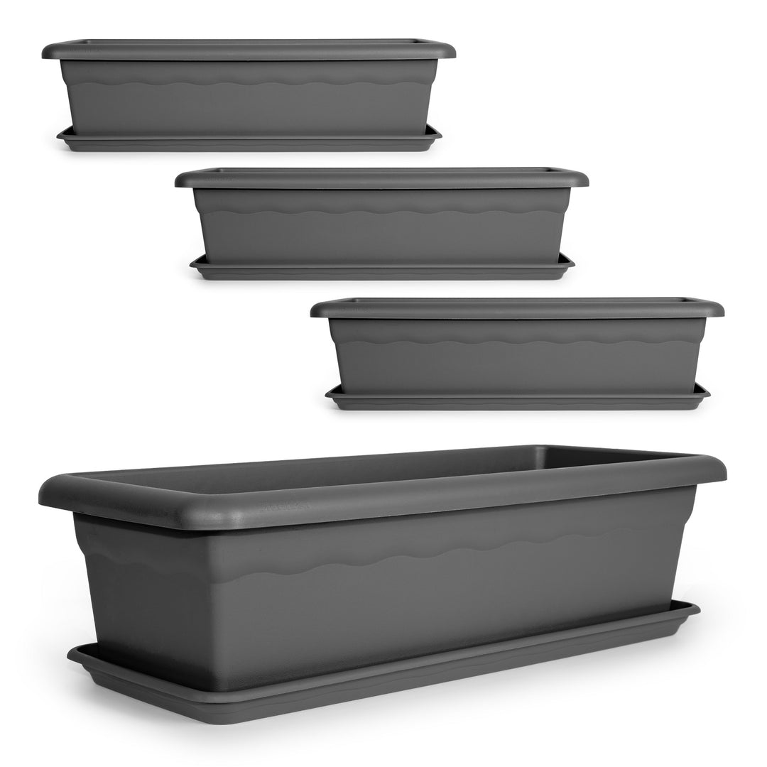 Plastiken TERRA - Set de 4 Jardineras con Platos Incluidos. Medida 80 cm 31L. Antracita