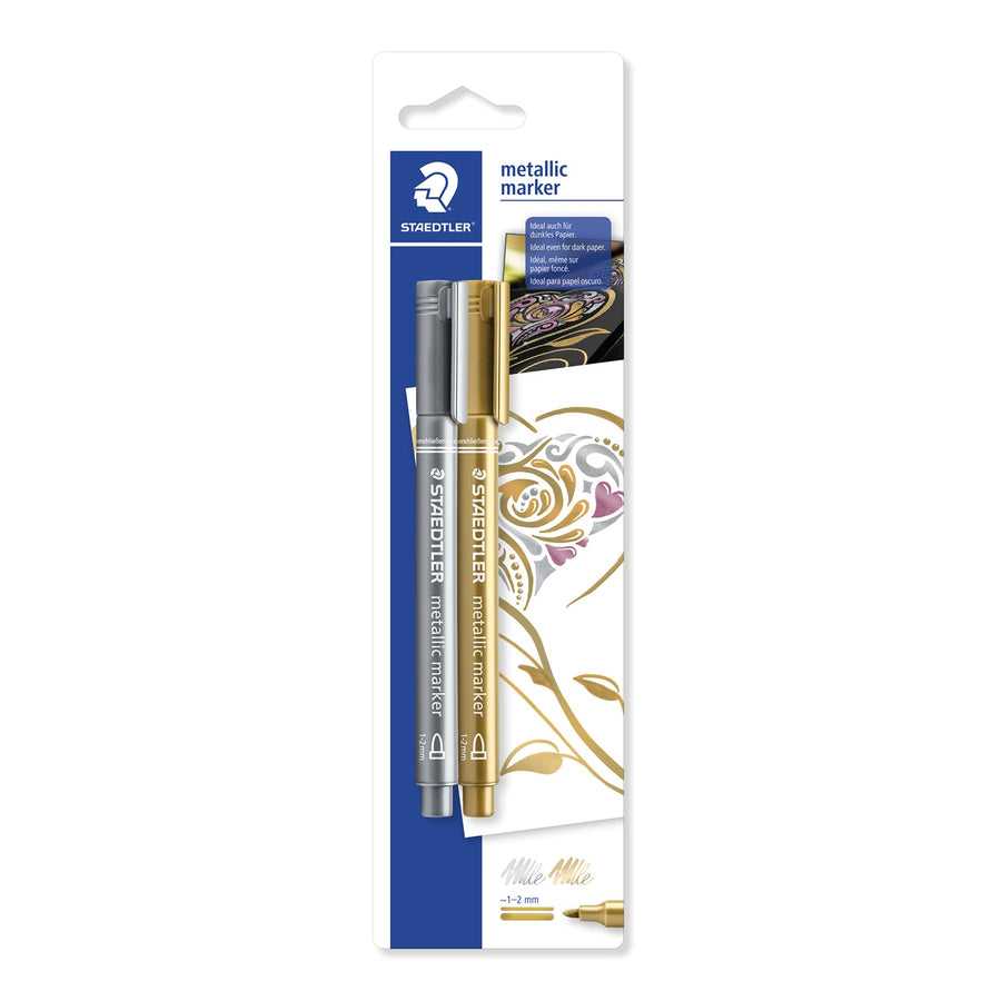 STAEDTLER - Blíster con 2 Rotuladores Metálicos de Punta Fina. Plateado y Dorado