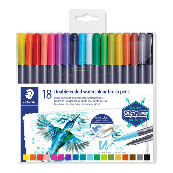 STAEDTLER Watercolour Brush - Estuche con 18 Rotuladores Acuarelables de Doble Punta de Pincel