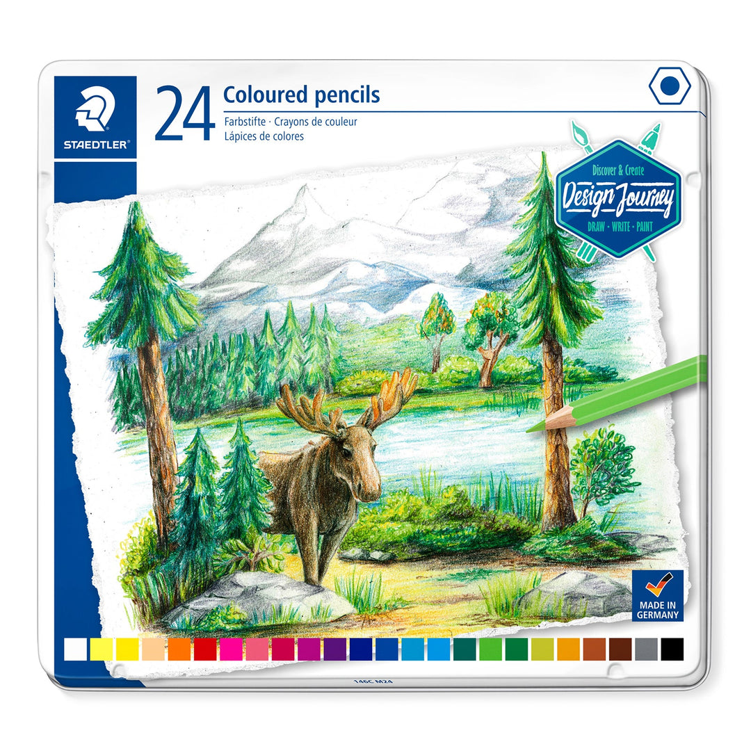 STAEDTLER Design Journey - Caja Metálica con 24 Lápices de Colores de Mina Suave