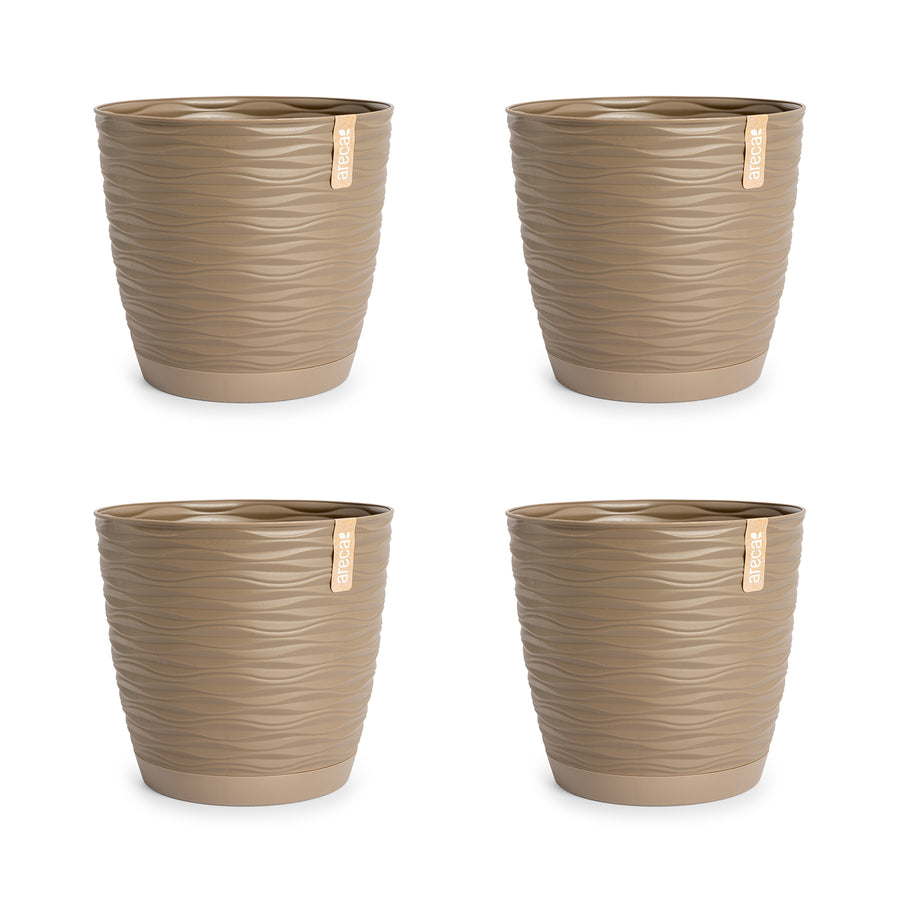 Areca Wind - Set de 4 Macetas Decorativas Redondas 13 cm con Platos Integrados. Taupe