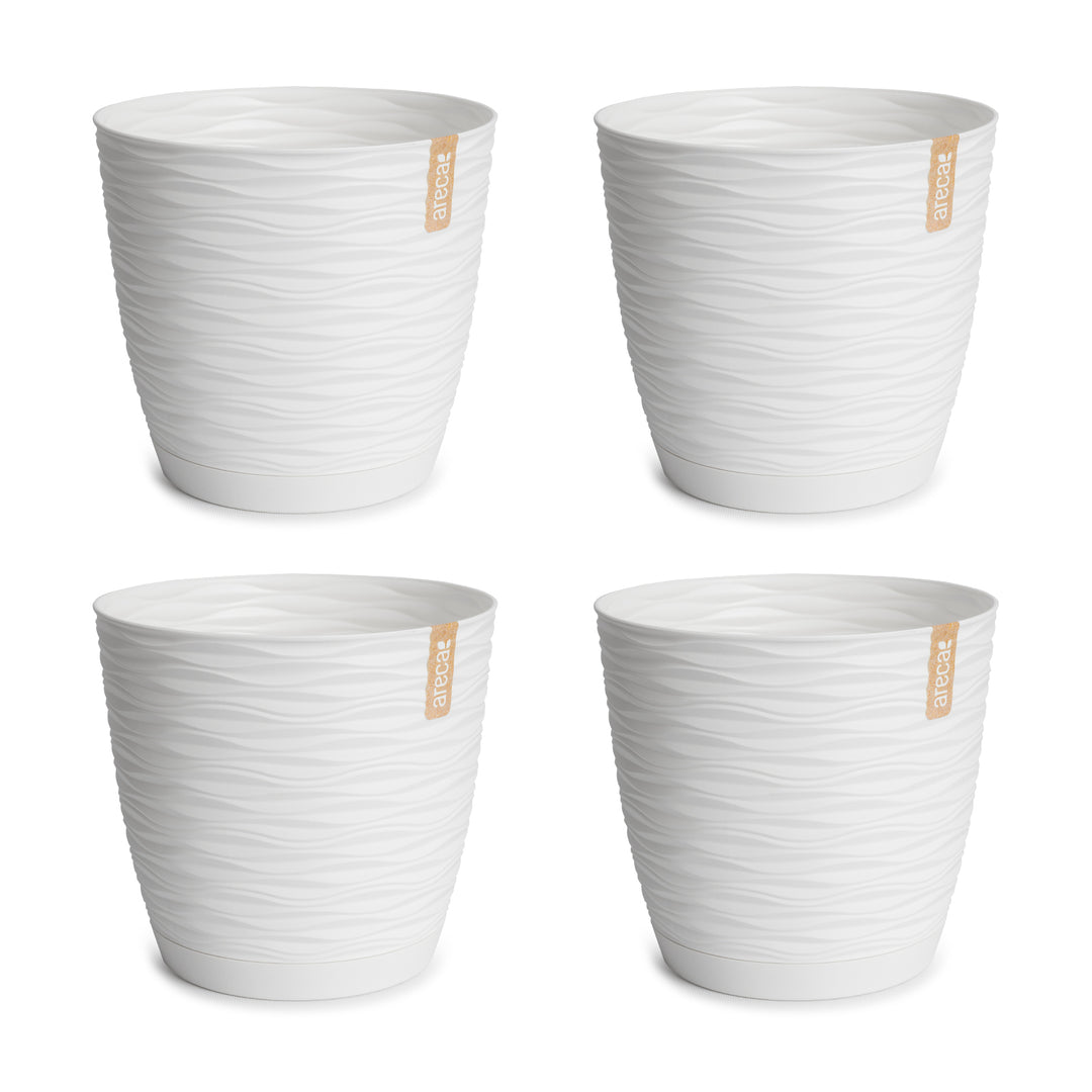 Areca Wind - Set de 4 Macetas Decorativas Redondas 15 cm con Platos Integrados. Blanco