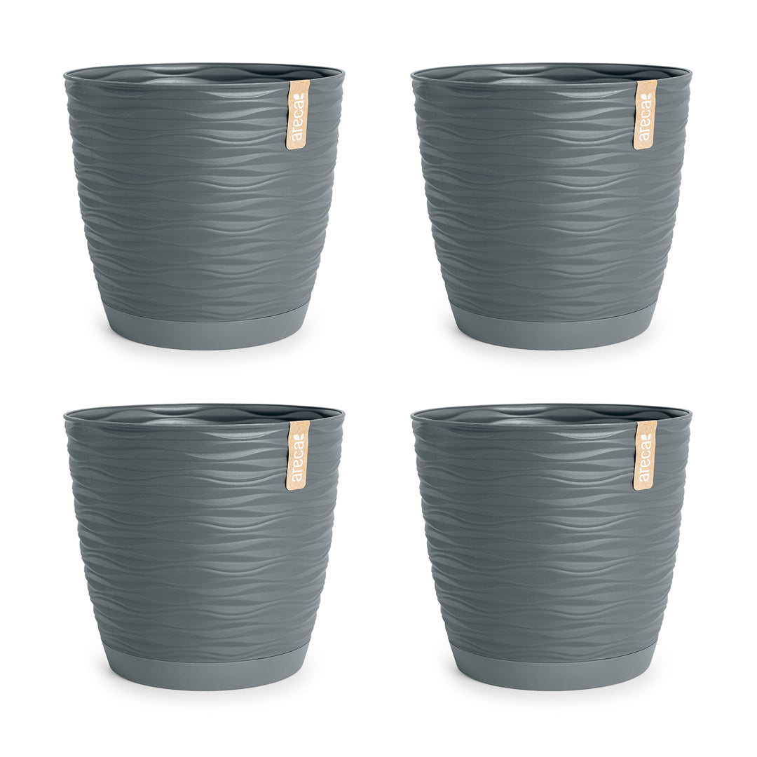 Areca Wind - Set de 4 Macetas Decorativas Redondas 15 cm con Platos Integrados. Gris