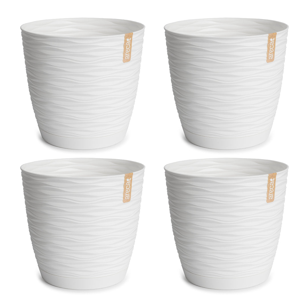 Areca Wind - Set de 4 Macetas Decorativas Redondas 17 cm con Platos Integrados. Blanco